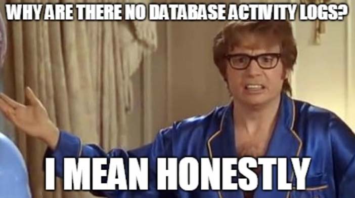 Image of Austin Powers disgusted and asking Why are there no database activity logs.